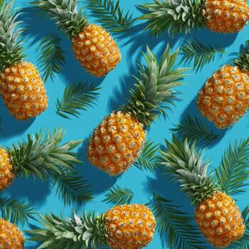 Overhead view of pineapples and palm fronds scattered on a bright turquoise background photo