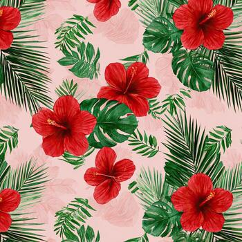 A tropical pattern with red flowers and leaves photo