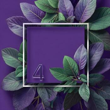 Square purple background with leaves framing a silver-edged square and number 4 photo