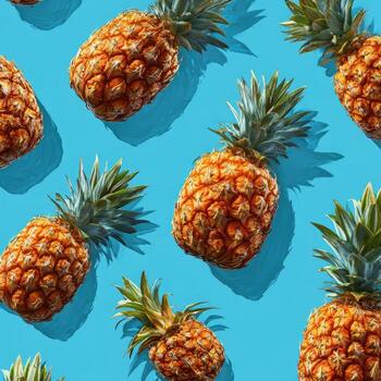 Repeating pattern of ripe pineapples with green spiky crowns casting shadows on bright blue photo
