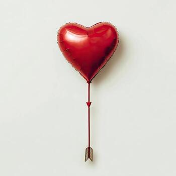 A red heart-shaped balloon with an arrow pointing downwards against a white background photo