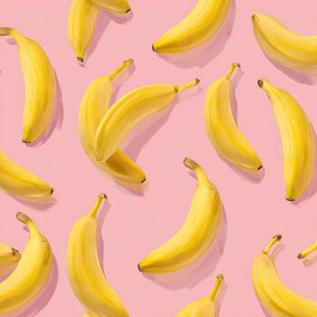 Bright, close-up photo features numerous ripe bananas against a pink, flat backdrop