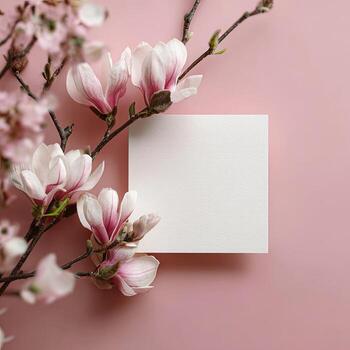 Pink magnolia blossoms frame a blank square card on a matching pink background, top view photo