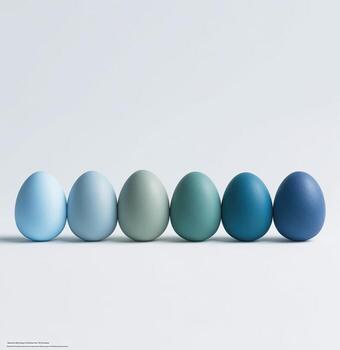 Six colored eggs in a gradient of blues and greens sit side by side against a white backdrop photo