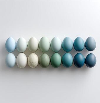 Twelve eggs arranged in two rows, graduating in shades of blue and green against a white backdrop photo