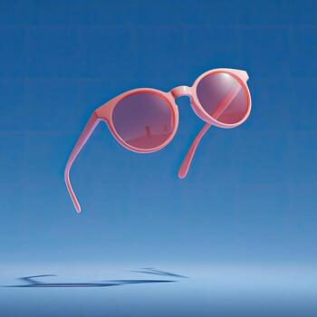 Pink sunglasses appear suspended in mid-air against a grid-patterned blue backdrop, casting shadows photo