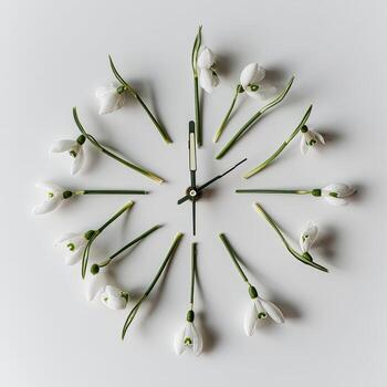 A circular arrangement of snowdrops forms a clock face on a stark white surface photo