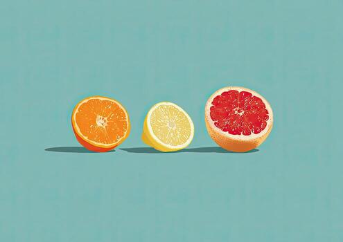 Sliced citrus fruits, orange, lemon, and grapefruit, arranged on a turquoise background photo