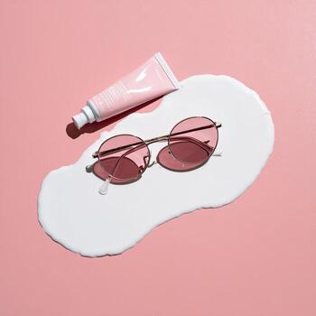 Sunglasses and cream tube rest on white blob against a pink background photo