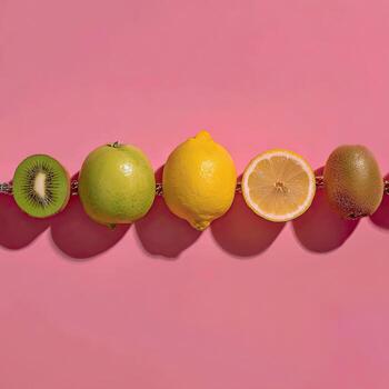 A line of citrus and kiwi fruits linked by a silver chain, against a vivid pink backdrop photo