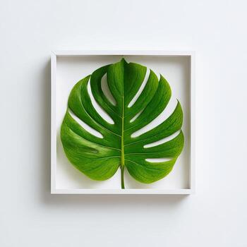 A vibrant, split-leaf monstera leaf is centered within a white, square frame against white photo