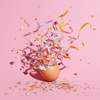 An eggshell bursts open, releasing colorful confetti against a pink backdrop with shadows photo