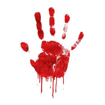 A vivid red handprint on a clean white background, with visible fingerprint detail and drips photo