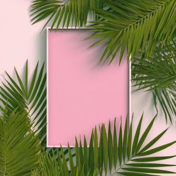 Pink framed empty space surrounded by bright green palm leaves on a pale backdrop photo