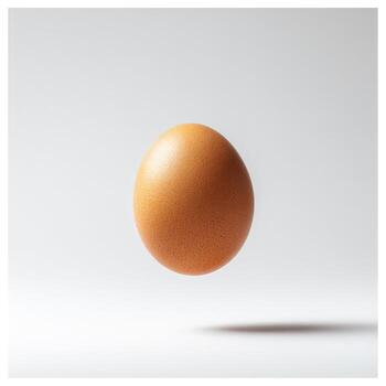 A single brown egg hovers against a white background, casting a soft shadow photo