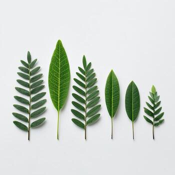 Six green leaves of different shapes and sizes arranged horizontally on a white background photo