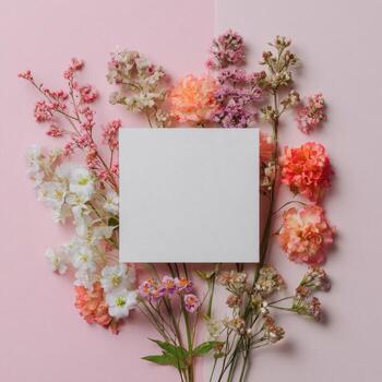 A blank square card is surrounded by a vibrant arrangement of colorful spring flowers photo