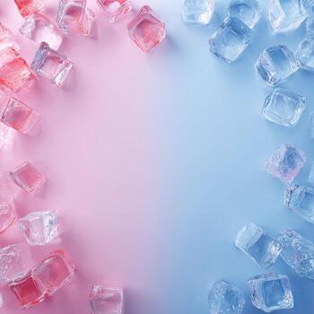 Ice cubes, red on left and blue on right, forming a gradient border with space photo