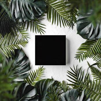 Lush green foliage encircles a blank black square against a textured white backdrop photo