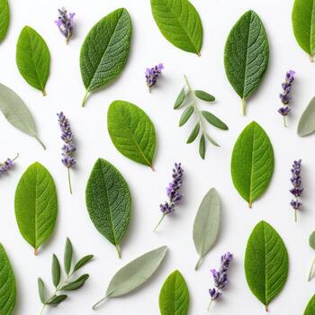 Overhead shot shows a pattern of fresh green leaves and lavender sprigs on a white background photo