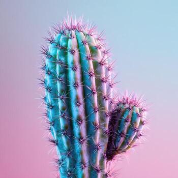 Close-up of a cactus illuminated with pink and blue light against a gradient background photo