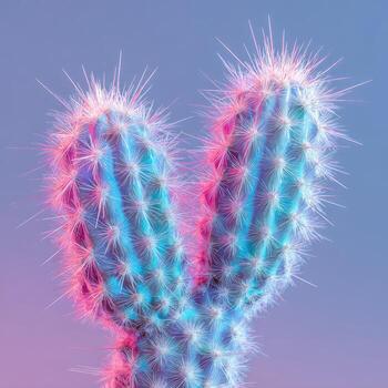 Close-up of cactus with spines, lit by pink and cyan light, set against a blue background photo