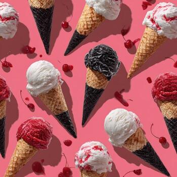 Scattered ice cream cones with cherries on a vibrant pink backdrop create a sweet, colorful scene photo