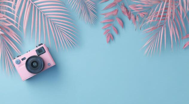 Pastel image with pink camera and foliage on blue background, creating a summer feel photo