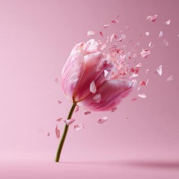 Pink tulip disintegrating into petals on a matching background, capturing a moment of beauty photo
