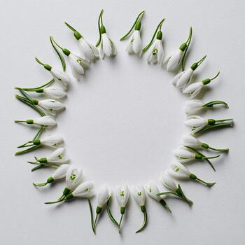 A circular arrangement of delicate white snowdrop flowers on a plain white background photo