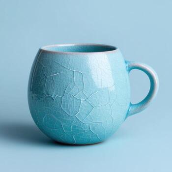 de cerca de un redondo turquesa cerámico jarra con un crepitar vidriar, descansando en un ligero azul superficie foto