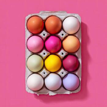 Overhead shot of a carton of twelve dyed eggs of varying hues, set against a pink backdrop photo
