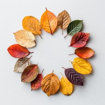 Circle of colorful fall leaves arranged on a neutral background, with copy space photo