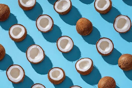 Overhead view showcases halved and whole coconuts arranged in a diagonal pattern on blue photo