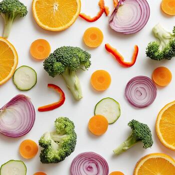 A top-down view of a vibrant assortment of sliced fruits and vegetables scattered on white photo