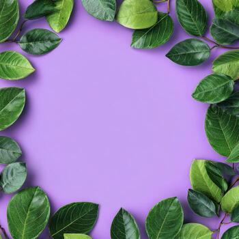 Lush green leaves border a purple background, forming a circular frame photo