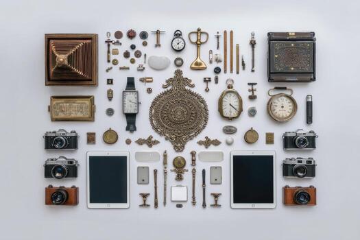 Overhead flat lay of antique objects including cameras, clocks, tech, and decorative items photo