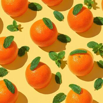 Bright yellow backdrop with oranges and mint leaves scattered, creating a vibrant pattern photo