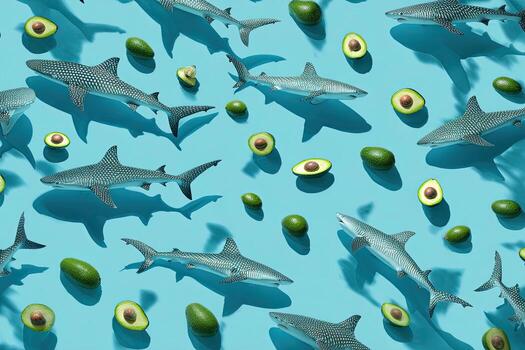 Repeating pattern of sharks and avocados on a teal background, casting shadows photo
