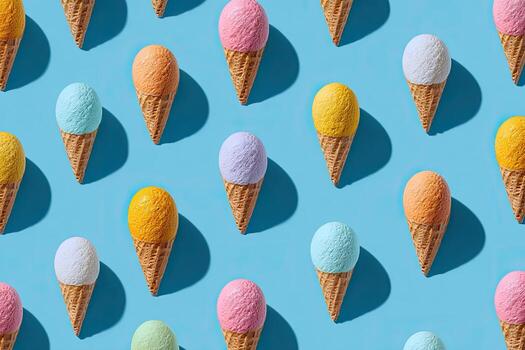 Overhead shot of colorful ice cream cones arranged on a vibrant blue background photo