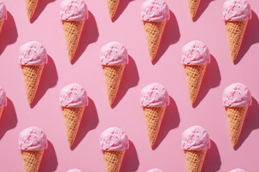 Repeating pattern of pink ice cream scoops in waffle cones on a vibrant, solid pink background photo