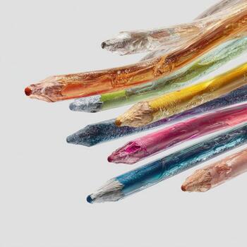 Close-up angled view of several partially used, colorful, and textured drawing tools photo