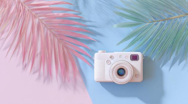 Pastel-colored leaves frame a camera on a split background, casting gentle shadows photo