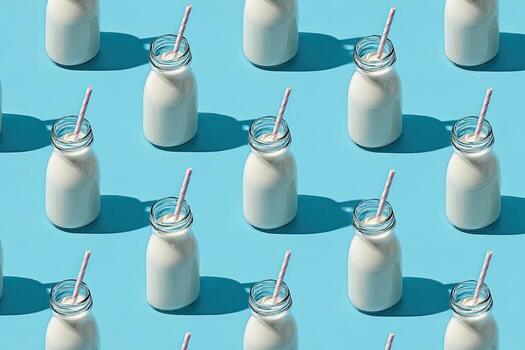 Patterned rows of glass bottles with milk and pink striped straws on a light blue background photo