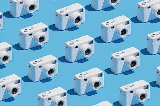 An evenly spaced pattern of white cameras on a light blue surface, well-lit with crisp shadows photo