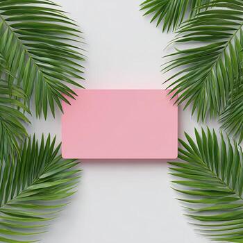 Overhead view of a pink rectangular shape surrounded by lush green palm leaves on a white surface photo