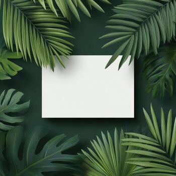 blanco rectangular tarjeta rodeado por varios verde tropical hojas en un oscuro verde fondo foto