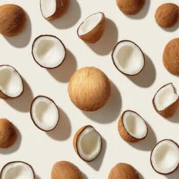 Overhead shot of whole and halved coconuts arranged on a light beige surface photo