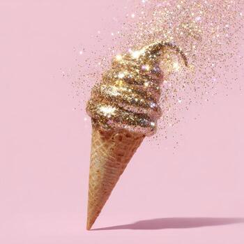 Golden glitter spills from a soft-serve ice cream cone against a pink background photo