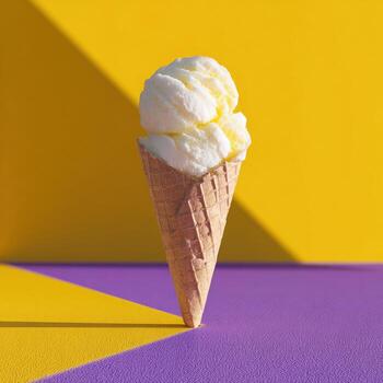 Two scoops of creamy yellow ice cream in a waffle cone against a colorful, geometric backdrop photo